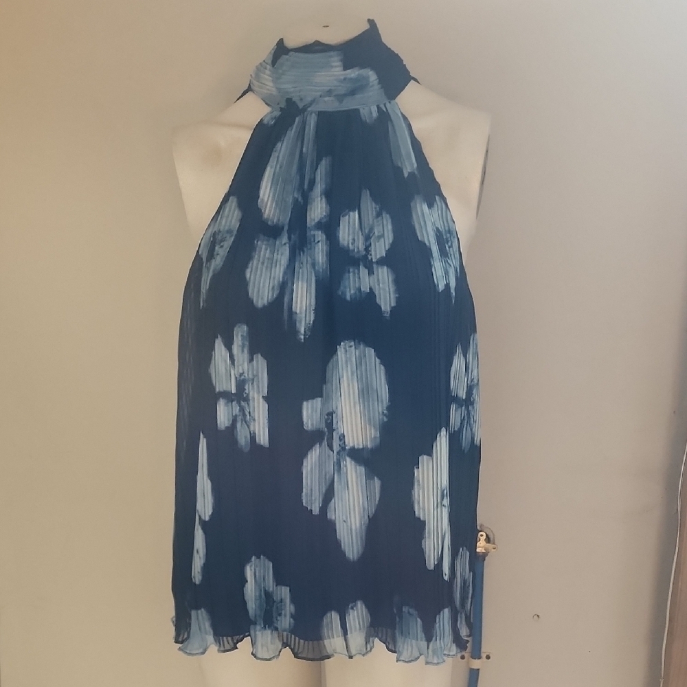 Ramy Brook Bree Blue and White High Neck Sleeveless Blouse Multi Blue Size L